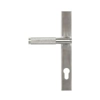 The Knurled Slimline Lever Espagnolette Door Handle Set in Satin Stainless Steel Shown on a White Background with Handle to the Left