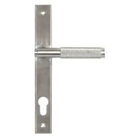 The Knurled Slimline Lever Espagnolette Door Handle Set in Satin Stainless Steel Shown on a White Background with Handle to the Right