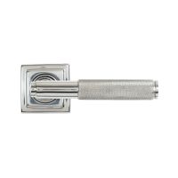 The Knurled Sprung Handle Set on a Square Rose in Polished Stainless Steel Shown from the Front on a White Background