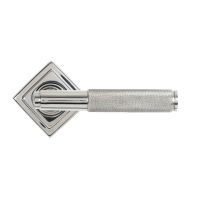 The Knurled Sprung Handle Set on a Square Rose in Polished Stainless Steel Shown with the Square Backplate in a Diamond Orientation