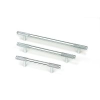 The Large Knurled Cabinet Pull Handle in Polished Chrome Shown Alongside Other Sizes on a White Background