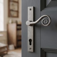 The Left Handed "Barbary" Pewter Slim Monkey tail Espagnolette Lock Set on a Grey Door in a Modern Home - Digital Illustration