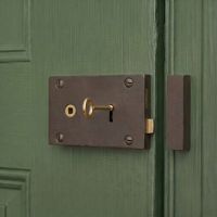 The Left Handed "Barrington" Large Cast Iron and Brass Rim Lock on a Traditional Green Wooden Door - Digital Illustration The Left Handed "Barrington" Large Cast Iron and Brass Rim Lock on a Traditional Green Wooden Door - Digital Illustration