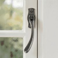 The Left Handed Antique Pewter Peardrop Window Handle Mounted on a Traditional White Window Frame - Digital Illustration The Left Handed Antique Pewter Peardrop Window Handle Mounted on a Traditional White Window Frame - Digital Illustration