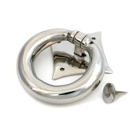 The Lorien Ring Door Knocker in Polished Stainless Steel Shown on a White Background with Striker Plate