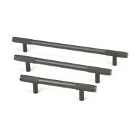 The Medium Half Knurled Cabinet Pull Handle in Matt Black Shown Alongside Other Sizes on a White Background