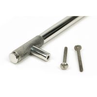 The Medium Half Knurled Cabinet Pull Handle in Polished Stainless Steel Showing a Close up Image of the Supplied Fittings The Medium Half Knurled Cabinet Pull Handle in Polished Stainless Steel Showing a Close up Image of the Supplied Fittings