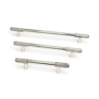 The Medium Half Knurled Cabinet Pull Handle in Polished Stainless Steel Shown Alongside Other Sizes on a White Background The Medium Half Knurled Cabinet Pull Handle in Polished Stainless Steel Shown Alongside Other Sizes on a White Background