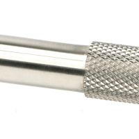 The Medium Half Knurled Cabinet Pull Handle in Satin Stainless Steel Looking Close up of the Smooth Grip on the Central Bar The Medium Half Knurled Cabinet Pull Handle in Satin Stainless Steel Looking Close up of the Smooth Grip on the Central Bar