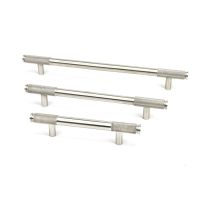 The Medium Half Knurled Cabinet Pull Handle in Satin Stainless Steel Shown Alongside Other Sizes on a White Background The Medium Half Knurled Cabinet Pull Handle in Satin Stainless Steel Shown Alongside Other Sizes on a White Background