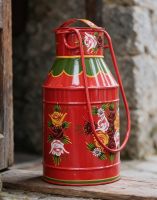 The Medium Red Narrowboat Milk Churns on a Window Ledge of a Stone Cottage - Digital Illustration 