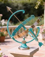 The Medium Size Profatius Armillary Verdigris on a Square Pillar on a Garden Wall with a Patio Behind - Digital Illustration