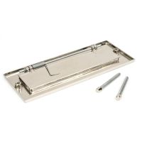 The Modern 10 Inch Front Door Letter Plate - Contemporary Minimalist Flap in a Polished Nickel Finish Shown from Behind with Screws