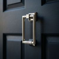 The Modern Knurled Rectangular Door Knocker in Polished Nickel on a Navy Front Entrance Door - Digital Illustration