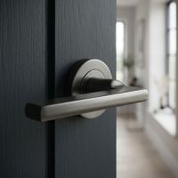 The Modern Lever Round Rose Door Handle in Graphite Grey in a Modern Interior Hallway - Digital Illustration