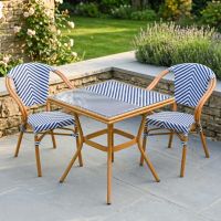 The Nizza Chevron Square Bistro Set in Blue & White in a Sunny Low Walled Garden
