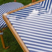 The Nizza Chevron Square Bistro Set in Blue & White Showing a Close up of the Glass Top Table