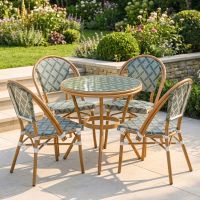 The Orbis Diamond 4-Seater Bistro Dining Set in Green & White in a Sunny Low Walled Garden