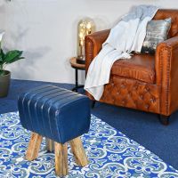 "The Orton" Mango Wood & Blue Leather Bug Stool in Situ in the Sitting Room