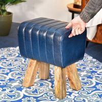 "The Orton" Mango Wood & Blue Leather Bug Stool to Scale