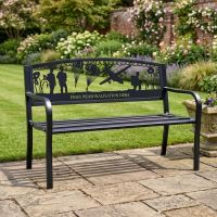 The Personalised Airborne Forces Iron & Steel Park Bench in Black in Front of a Peaceful Walled Garden next to a Planter - Digital Illustration The Personalised Airborne Forces Iron & Steel Park Bench in Black in Front of a Peaceful Walled Garden next to a Planter - Digital Illustration