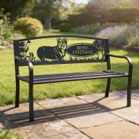 The Personalised Corgi Dog Iron & Steel Park Bench in Black on a White Background a Sunny Patio with a Lawn Behind - Digital Illustration The Personalised Corgi Dog Iron & Steel Park Bench in Black on a White Background a Sunny Patio with a Lawn Behind - Digital Illustration