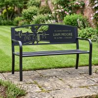 The Personalised Cricketer Iron & Steel Park Bench used as a Memorial to a Loved one with Name and Dates in a Cottage Garden - Digital Illustration The Personalised Cricketer Iron & Steel Park Bench used as a Memorial to a Loved one with Name and Dates in a Cottage Garden - Digital Illustration