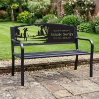 The Personalised Female Golfer Iron & Steel Park Bench used to Commemorate the Life of a Love one with Name and Dates on a White Background the Backrest - Digital Illustration The Personalised Female Golfer Iron & Steel Park Bench used to Commemorate the Life of a Love one with Name and Dates on a White Background the Backrest - Digital Illustration