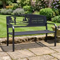 The Personalised Male Golfer Iron & Steel Park Bench Used as a Memorial to a Loved One in a Country Garden Setting - Digital Illustration 
