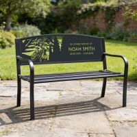 The Personalised Motocross Iron & Steel Park Bench in a Garden Used in Memory of a Loved One With Name and Dates.