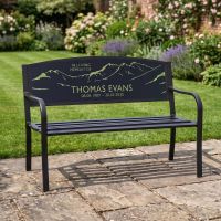 The Personalised Mountain Landscape Memorial Bench next to a Garden Lawn with Custom Name and Dates to Commemorate a Loved One The Personalised Mountain Landscape Memorial Bench next to a Garden Lawn with Custom Name and Dates to Commemorate a Loved One