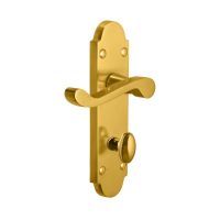 The Polished Brass Arched Backplate Bathroom Door Handles - Privacy Scroll Lever Pair on a White Background 