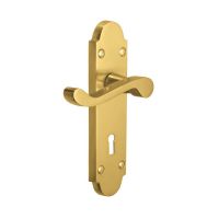 the Polished Brass Arched Backplate Lock Handles - Victorian Scroll Keyhole Lever Pair on a White Background