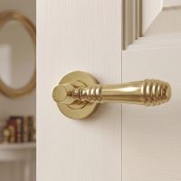 The Polished Brass “Beehive” design contemporary lever handle on a White Door in a Country Home - Digital Illustration