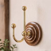The Polished Brass Hook on wooden backplate Displayed on a Cream Coloured Textured Wall - Digital Illustration The Polished Brass Hook on wooden backplate Displayed on a Cream Coloured Textured Wall - Digital Illustration