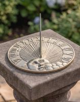 The Polished Brass "Rising Run" Sundial on a Sunny Stone Garden Pillar - Digital Illustration 