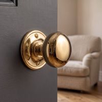 The Polished Brass Small Mushroom Door Knobs in a Contemporary Living Room Interior - Digital Illustration The Polished Brass Small Mushroom Door Knobs in a Contemporary Living Room Interior - Digital Illustration