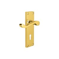 The Polished Brass Victorian Scroll Lock Door Handles - 150mm Keyhole Lever Pair on a White Background