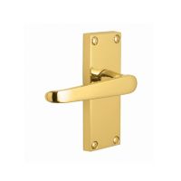 The Polished Brass Victorian Straight Door Handles - 115mm Lever Latch Pair on a White Background The Polished Brass Victorian Straight Door Handles - 115mm Lever Latch Pair on a White Background