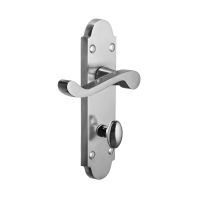 The Polished Chrome Arched Backplate Bathroom Door Handles - Privacy Scroll Lever Pair on a White Background 