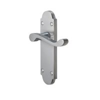 The Polished Chrome Arched Backplate Door Handles - Victorian Scroll Latch Pair on a White Background 