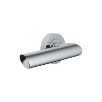 The Polished Chrome Round Rose Door Handles - Modern Curved Lever Pair on a White Background