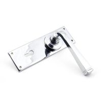 The Polished Chrome Sleek Architectural Lever Lock Door Handle Set on Plain Backplate Shown on its Side The Polished Chrome Sleek Architectural Lever Lock Door Handle Set on Plain Backplate Shown on its Side