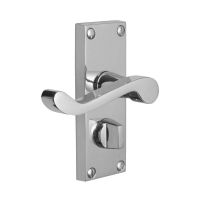 The Polished Chrome Victorian Scroll Bathroom Door Handles - Lever Lock Pair with Thumb Turn on a White Background