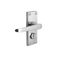 The Polished Chrome Victorian Straight Bathroom Door Handles - Lever Lock Pair with Thumb Turn on a White Background