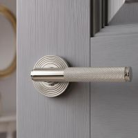 The Polished Nickel Knurled Lever on Beehive Rose Set on a Light Grey Door in a Well Lit Modern Interior - Digital Illustration