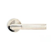 The Polished Nickel Knurled Lever on Plain Rose Set Shown from the Front The Polished Nickel Knurled Lever on Plain Rose Set Shown from the Front