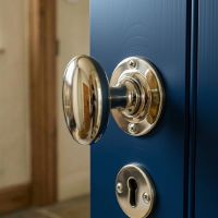 The Polished Nickel Oval Door Knob Set on a Blue Wooden Door inside a Modern Home - Digital Illustration The Polished Nickel Oval Door Knob Set on a Blue Wooden Door inside a Modern Home - Digital Illustration