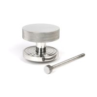 The Polished Stainless Steel Knurled Centre Door Knob on a Beehive Rose with Bolt Fitting on a White Background 