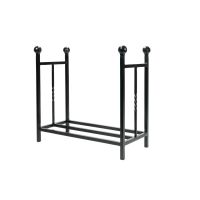 The Rectangular Fireside Log Holder with Ball Finials in Matt Black Shown from an Angle on a White Background